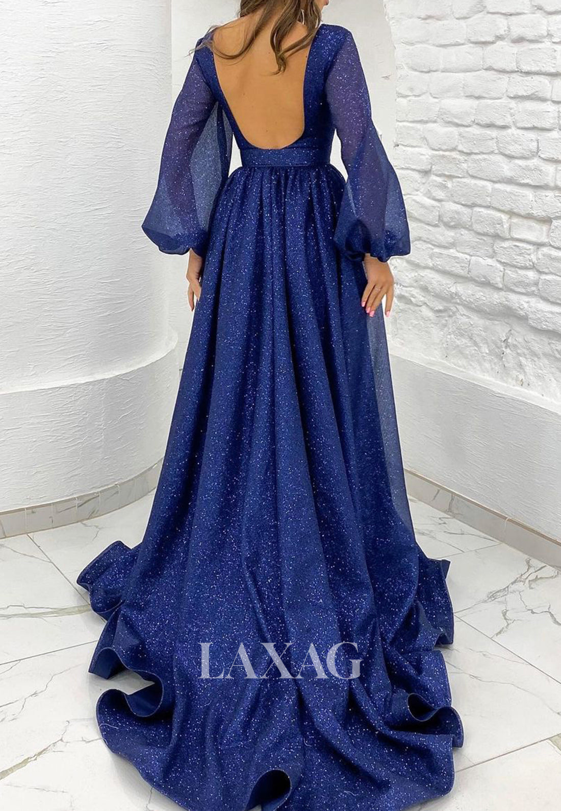 Deep V-Neck Long-Sleeves Sparkly Prom Dress Glitter-Tulle Pleated Floor-Length Party Gowns