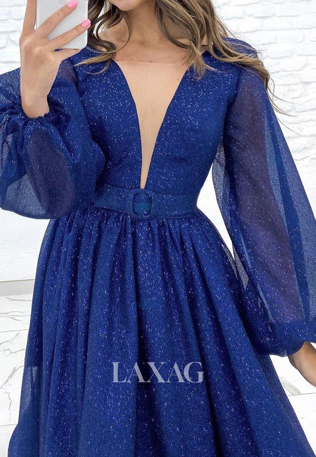 Deep V-Neck Long-Sleeves Sparkly Prom Dress Glitter-Tulle Pleated Floor-Length Party Gowns