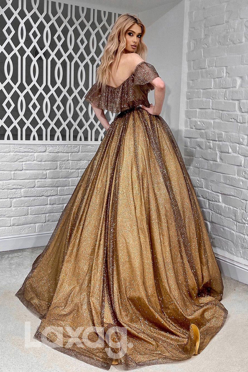 19716 - Off the Shoulder Ruffles Long Sparkly Prom Dress