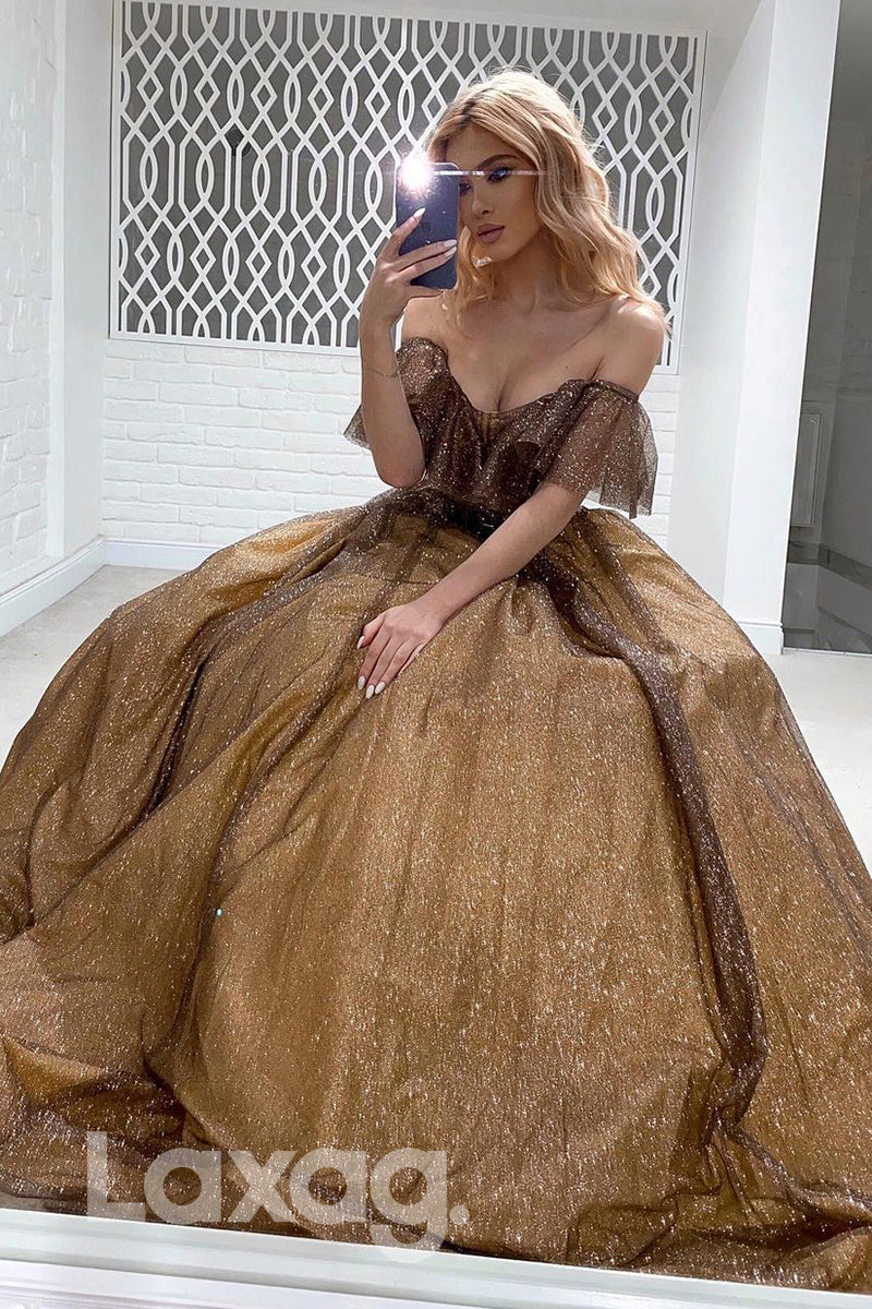 19716 - Off the Shoulder Ruffles Long Sparkly Prom Dress