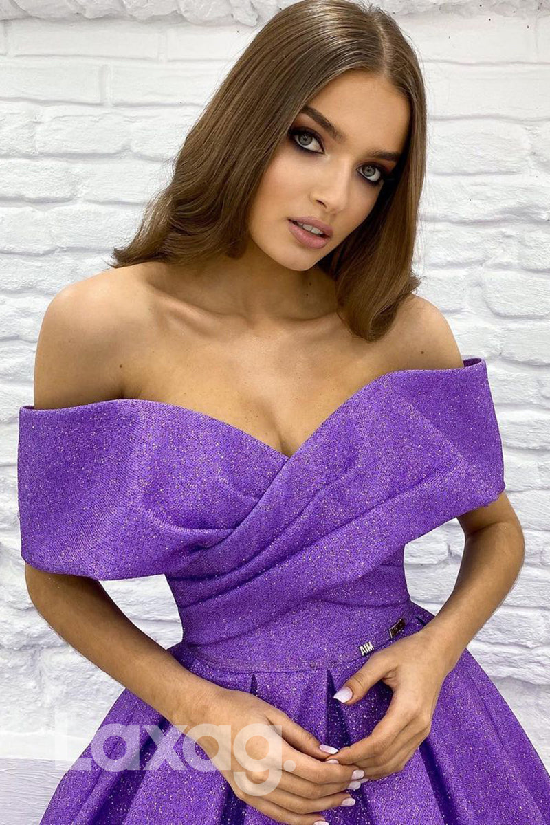 19718 - Unique Off the Shoulder Purple Prom Dress Glitter