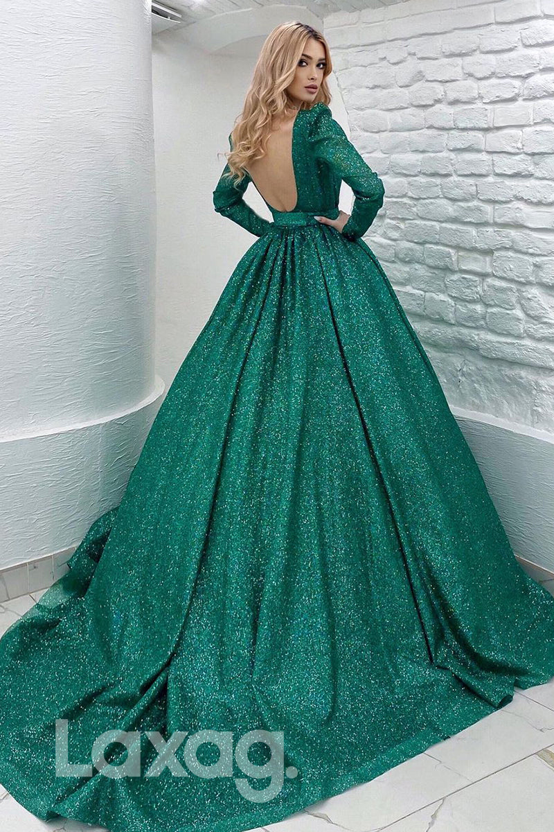 19720 - A-line Jewel Long Sleeves Sparkly Prom Dress Backless