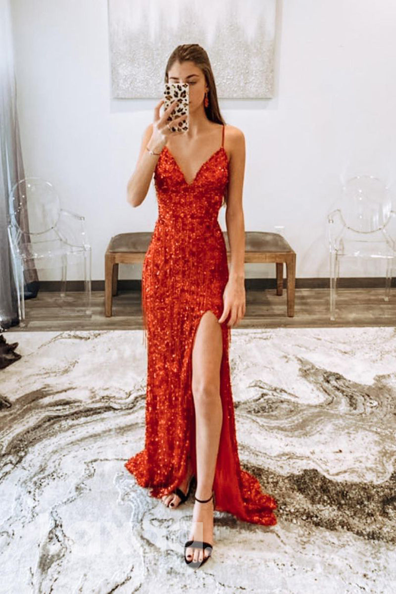 19723 - Spaghetti Straps V-Neck Sequins High Split Sparkly Prom Dress