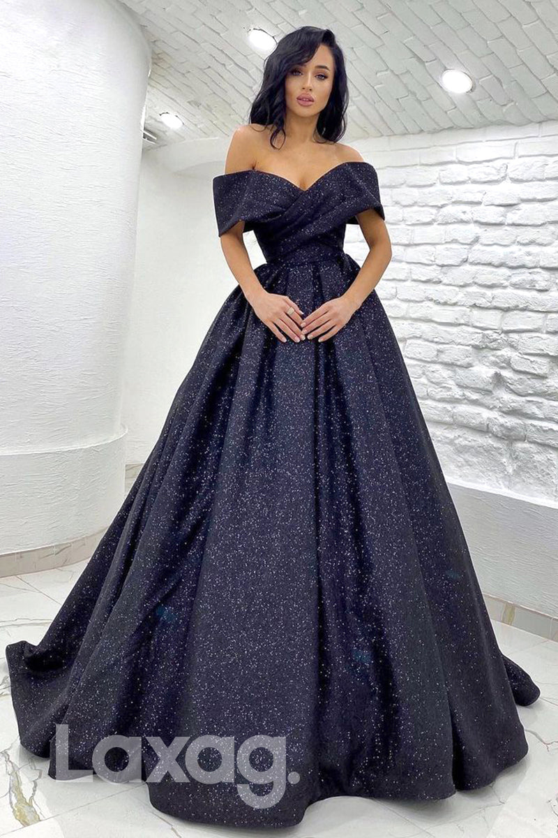 19734 - Unique Off Shoulder Pleats Sparkly Prom Dress with Pockets