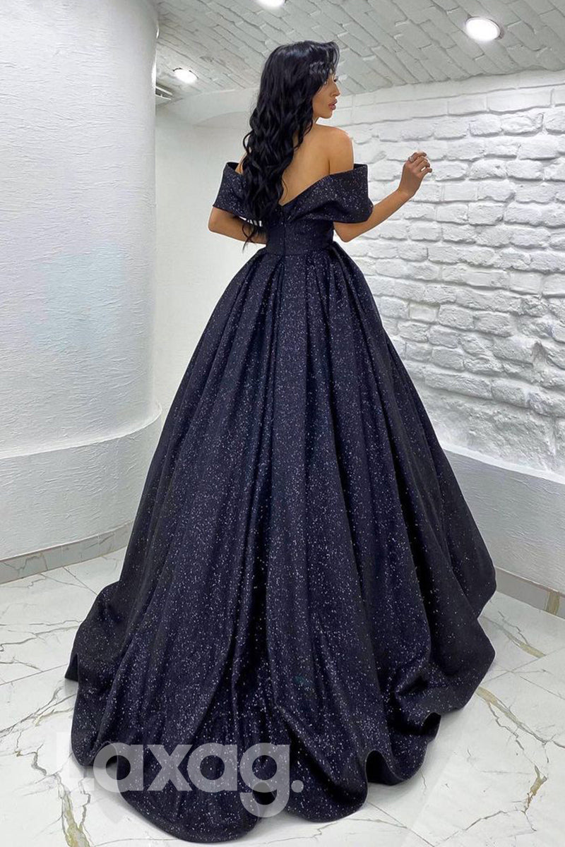 19734 - Unique Off Shoulder Pleats Sparkly Prom Dress with Pockets
