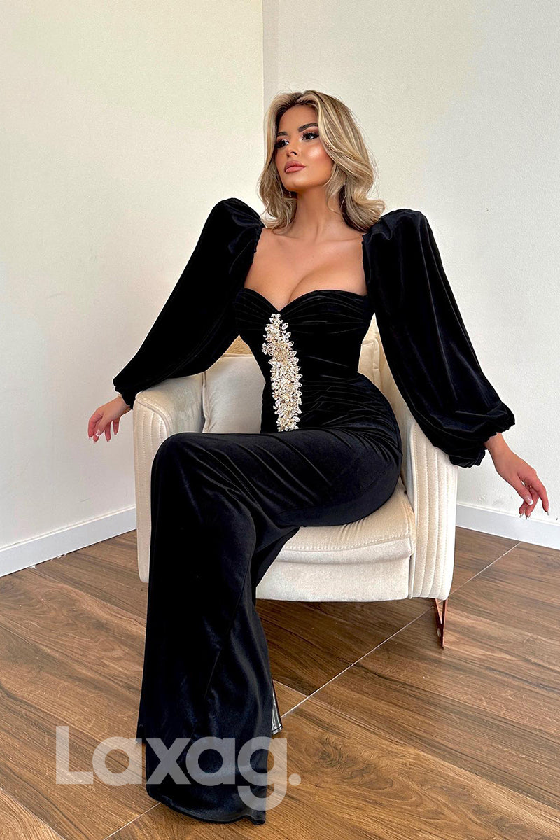 19773 - Sweetheart Puffy Sleeves Black Velvet Long Formal Prom Dress