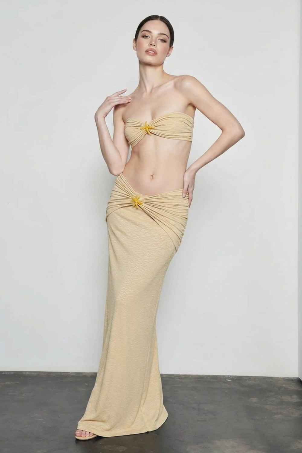 Strapless Twist Bandeau Top and Ruched Waist Maxi Skirt Two Piece Set 3