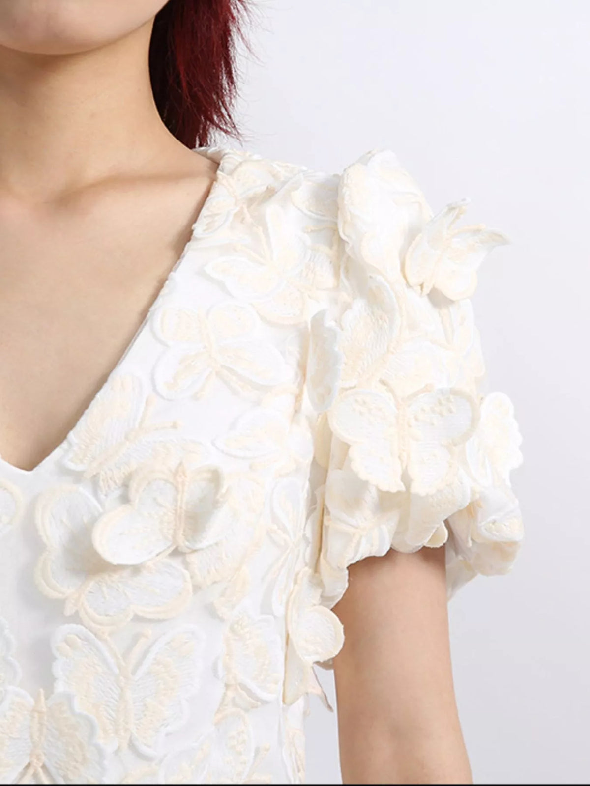3D Butterfly Appliqué V-Neck Puff Sleeve Bodycon Mini Dress 3