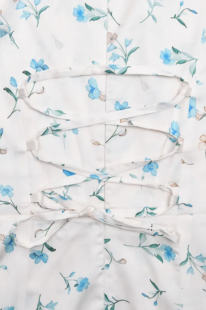 Satin Puff Sleeve Floral Dress in Blue - View 7