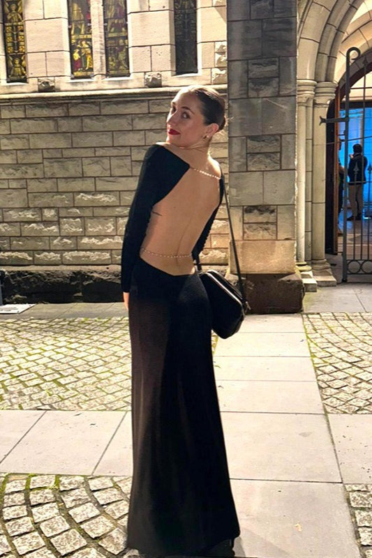 Knit Scoop Neck Long Sleeve Waist Cut Out Chain Link Maxi Party Dress
