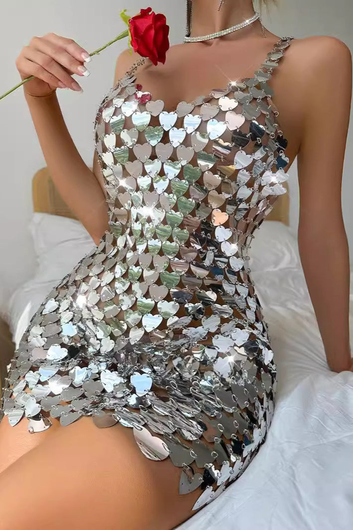 Heart Sequin Spaghetti Strap Backless Bodycon Mini Dress