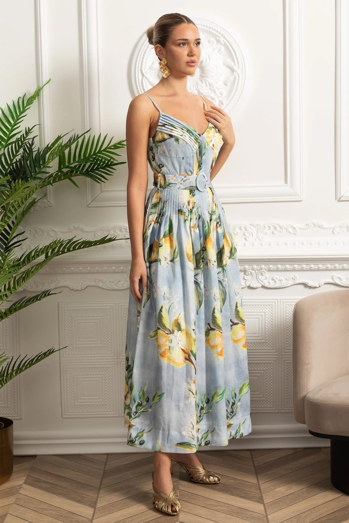 Lemon Print V-Neck Spaghetti Strap Pintuck Belted Pocket Midi Dress - View 2