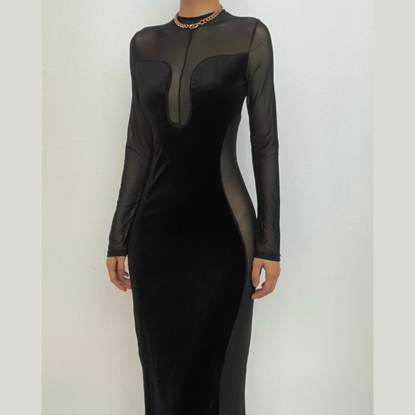 Long sleeve velvet mesh solid zip-up maxi dress - View 9