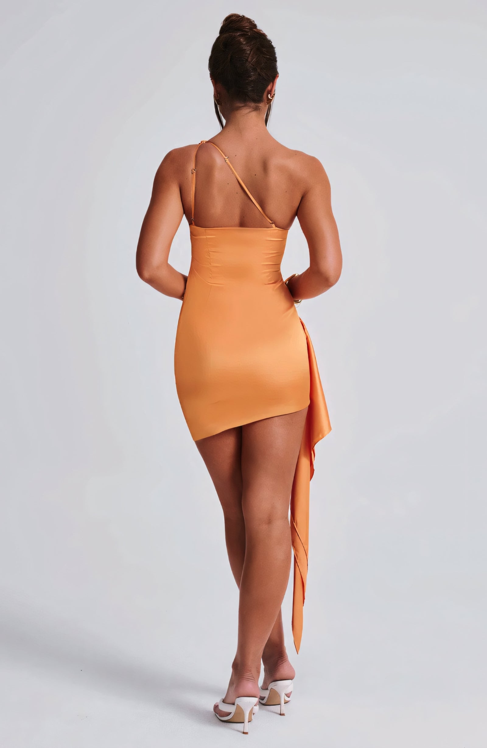 Satin One Shoulder All Over Ruched Side Train Drape Bodycon Mini Dress