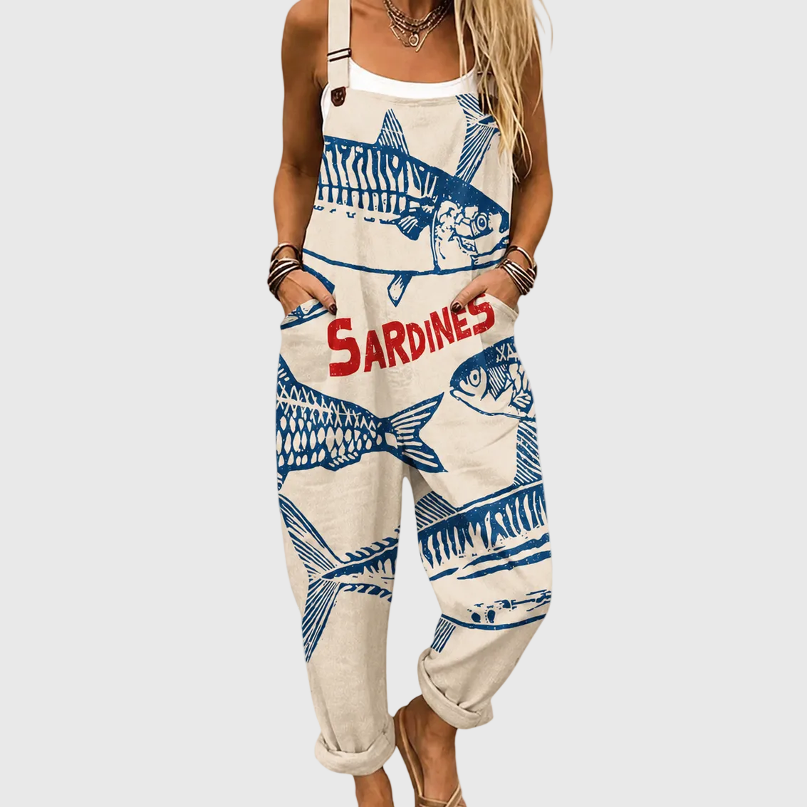 Sardine Fish Print Pocket Overall Jumpsuit