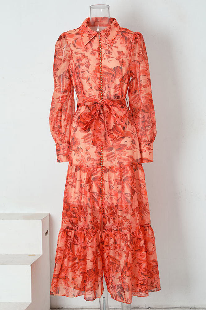 Floral Balloon Sleeve Collar Button Front Tie Waist Tiered Maxi Shirt Dress
