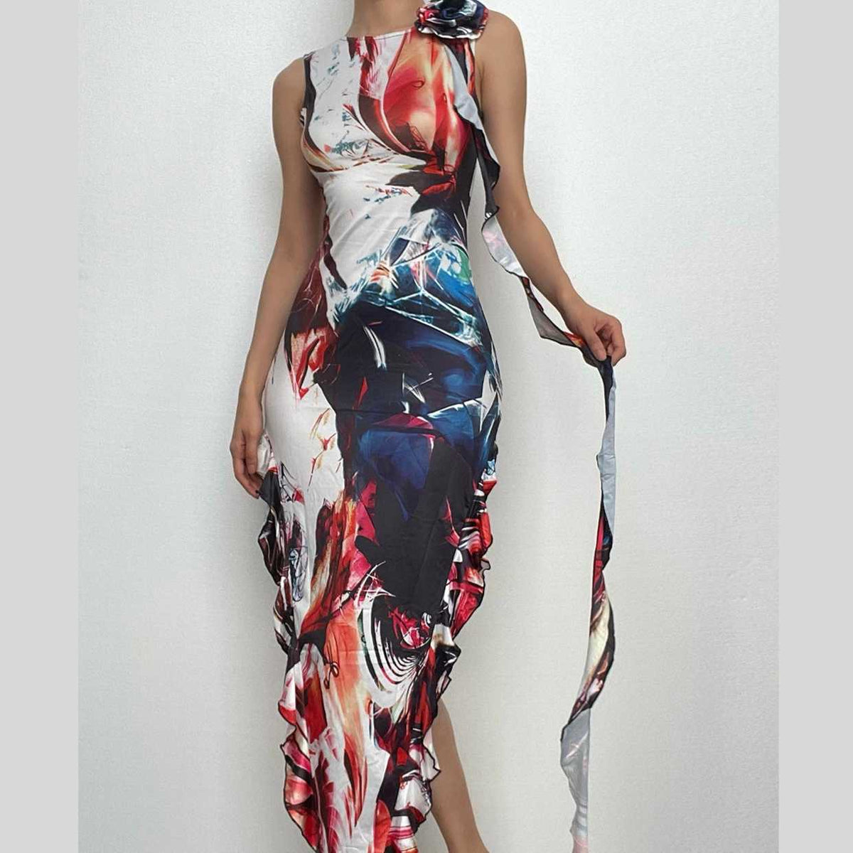 Abstract Print 3D Flower Applique Side Ruffle Sleeveless Maxi Dress