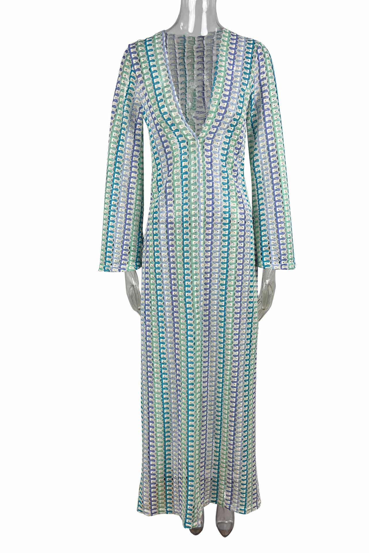Crochet Deep V-Neck Long Sleeve Striped Boho Maxi Dress