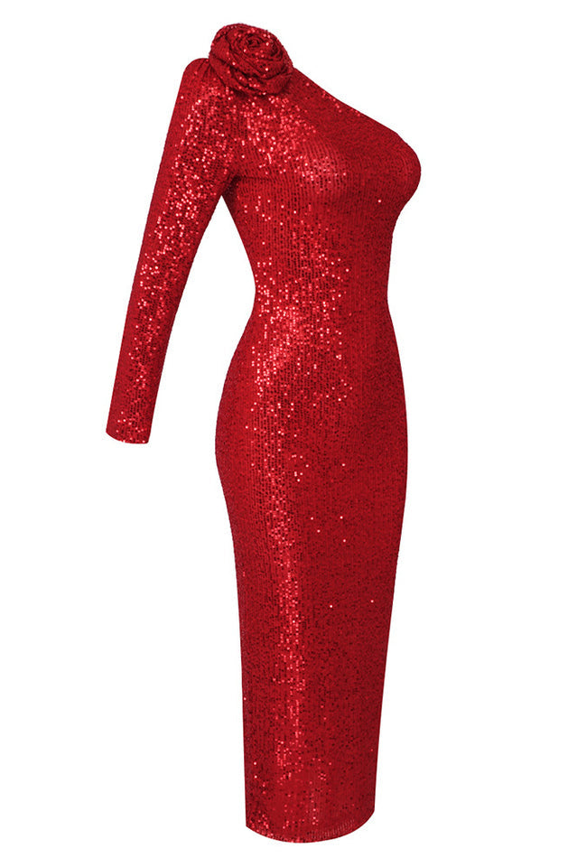 Sequin One Shoulder Long Sleeve Rosette Bodycon Midi Dress