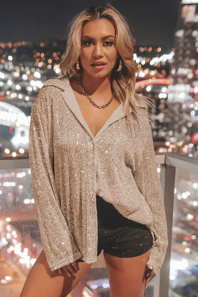 Sequin Collared V-Neck Long Sleeve Oversized Button Front Shirt