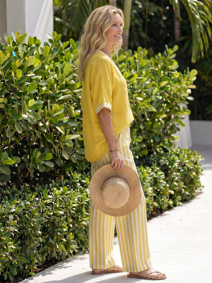V-Neck Short Sleeve Top and Striped Wide Leg Pants Two Piece Set