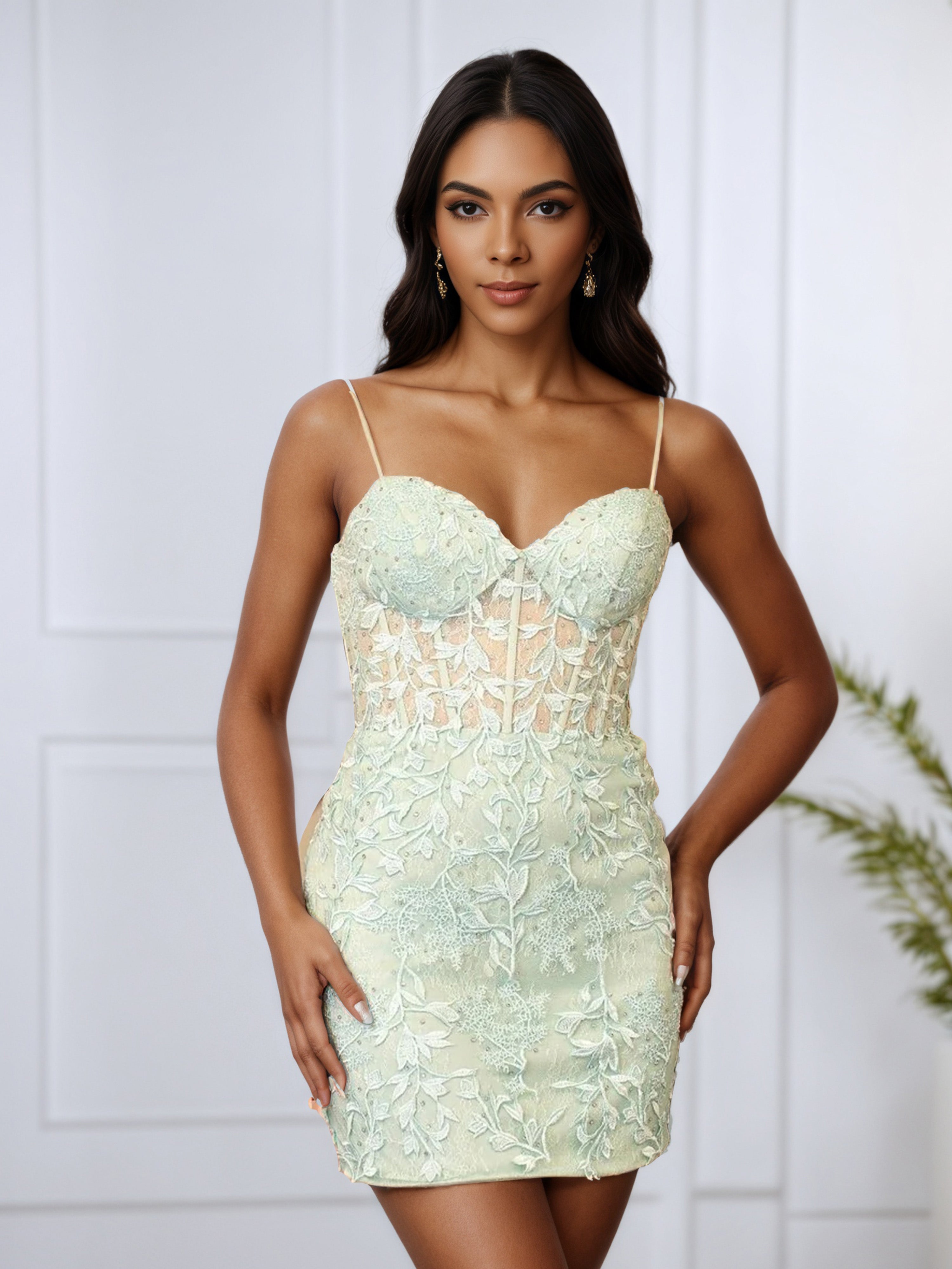Spaghetti Straps Sage Lace Appliques Sweetheart Homecoming Dress