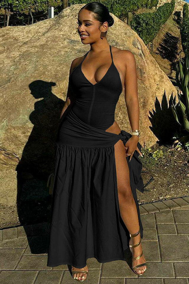 Halter Deep V-Neck Backless High Split Maxi Dress 20