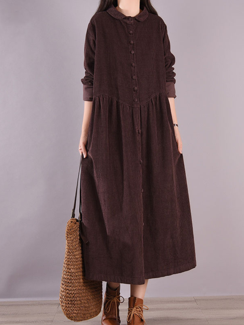 Corduroy Peter Pan Collar Long Sleeve Button Front A-Line Midi Dress