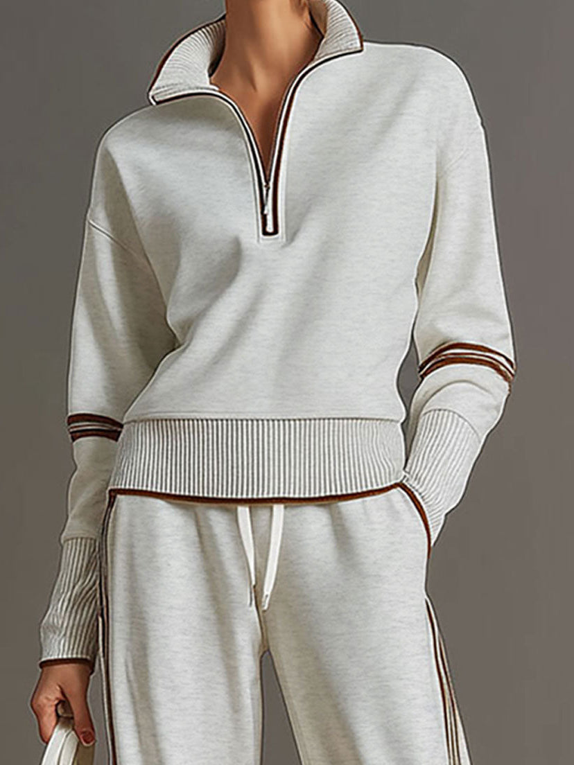 Quarter Zip Contrast Trim Pullover and Wide Leg Pants Two Piece Set