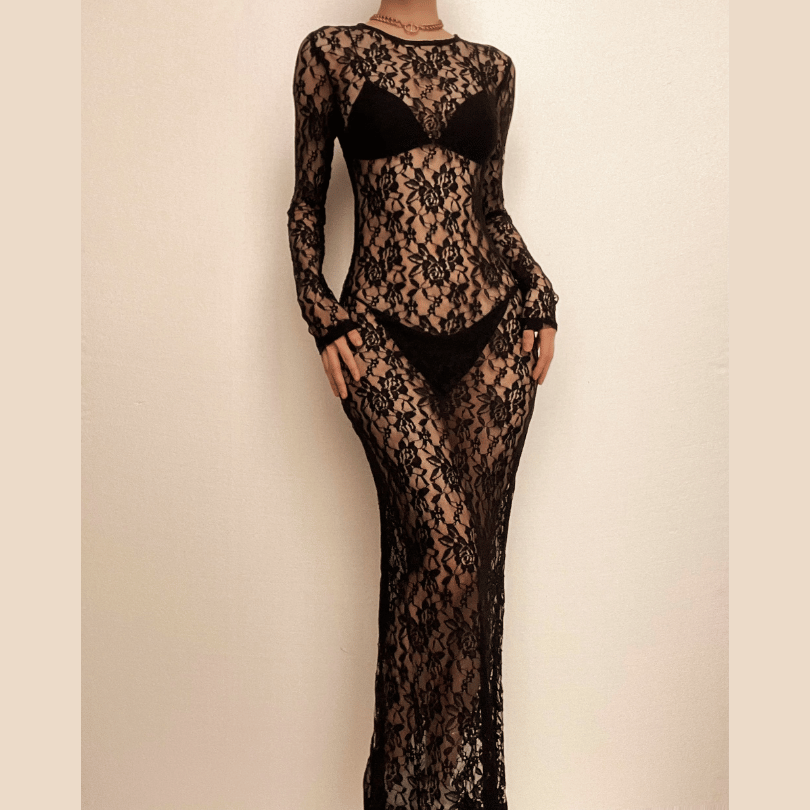 Sheer Floral Lace Crew Neck Long Sleeve Bodycon Maxi Dress