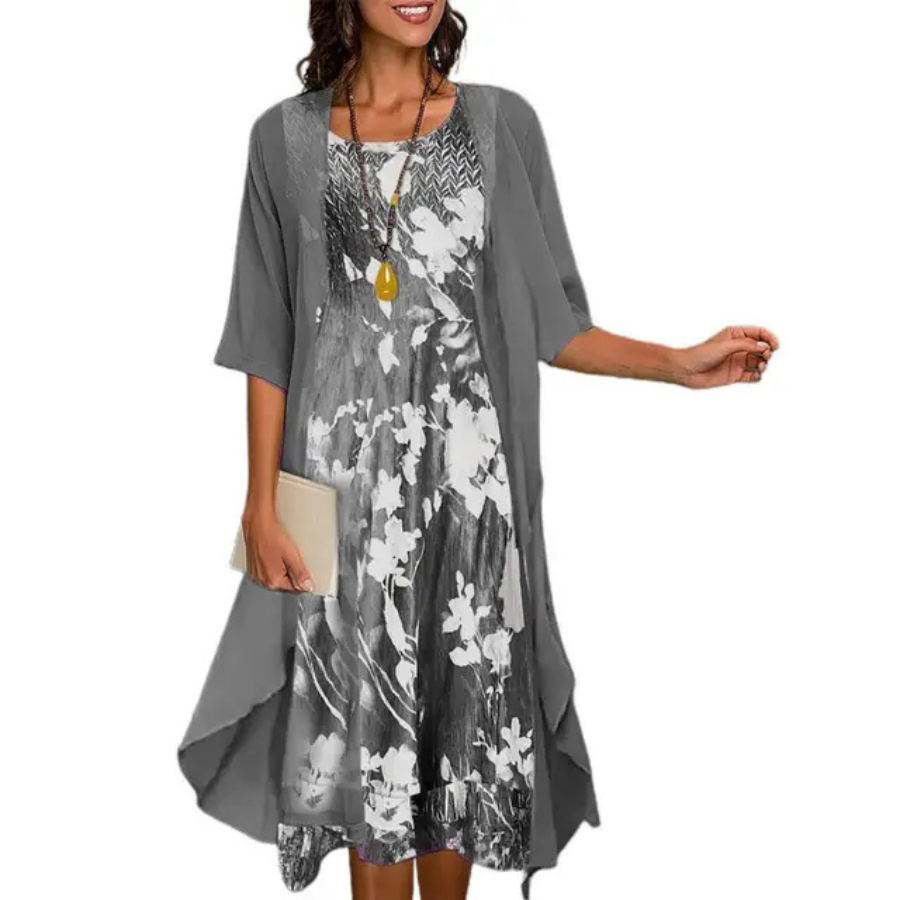 Floral Print Round Neck Open Cardigan Handkerchief Hem Two Piece Set