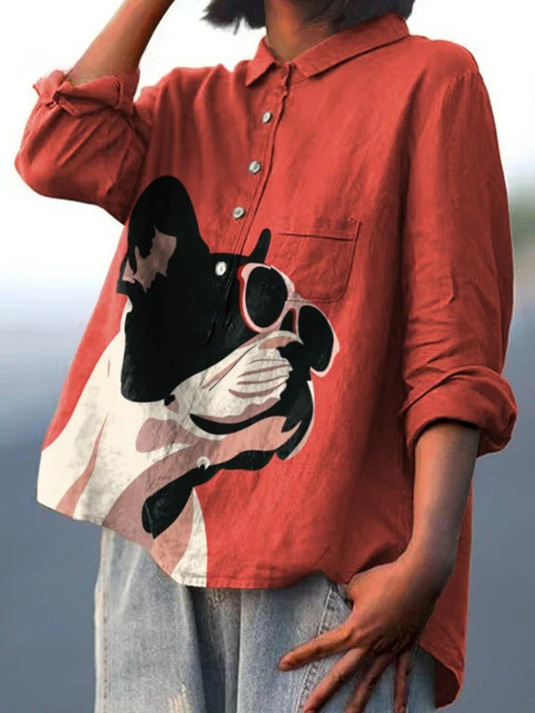 French Bulldog Print Long Sleeve Button Front High Low Shirt