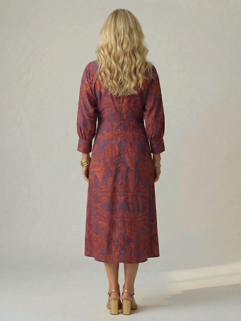 Paisley Print V-Neck Twist Front Long Sleeve Midi Dress