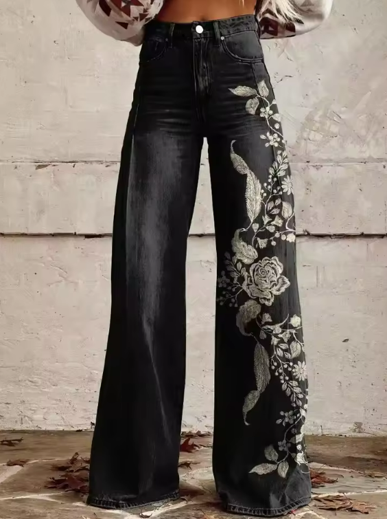 Floral Print High Waist Wide Leg Denim Jeans