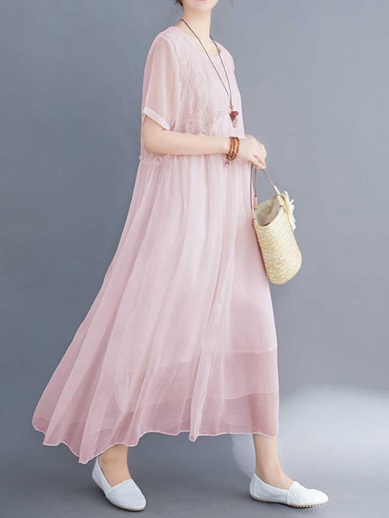 Lace Bodice Sheer Overlay Empire Waist Handkerchief Hem Midi Dress