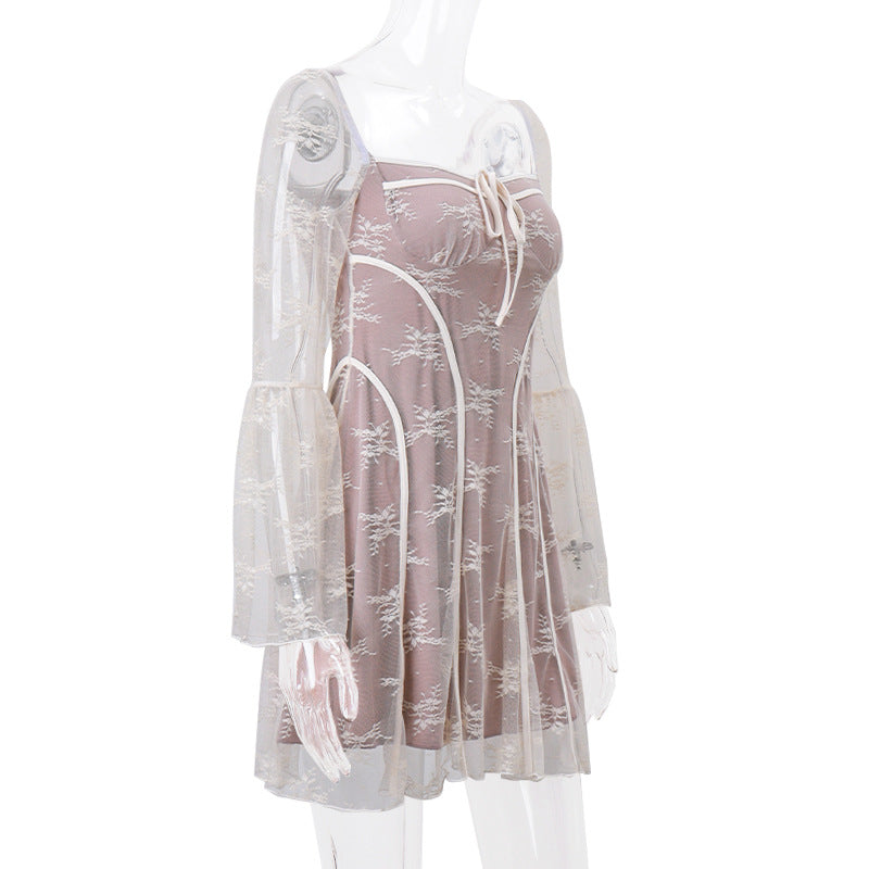Lace square neck long flared sleeve zip-up ruffle mini dress - View 7