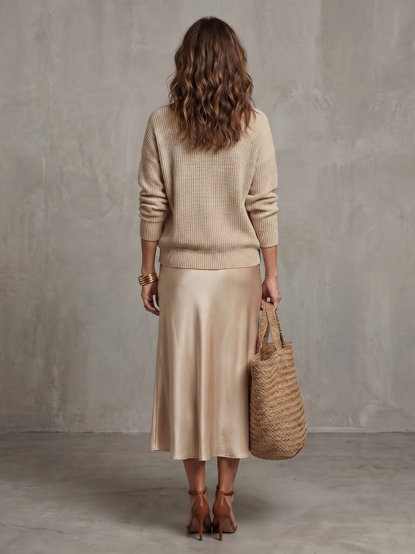 V-Neck Knit Sweater and Satin Slip Maxi Skirt Two Piece Set
