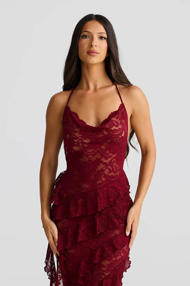Backless Lace Halter Bodycon Maxi Dress - View 9