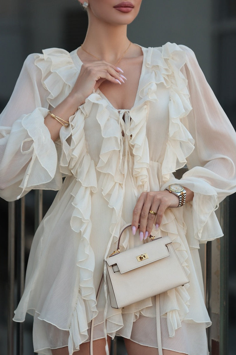 Ruffled Chiffon Long Sleeve Mini Dress - View 4