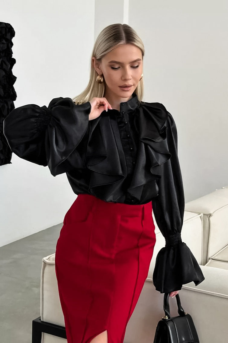 Satin Ruffle Front Stand Collar Smocked Flare Cuff Button Blouse 5