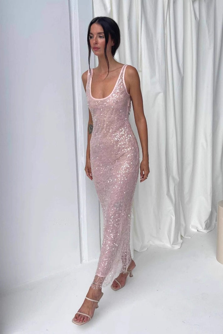 Sequin Scoop Neck Wide Strap Sleeveless Bodycon Maxi Gown