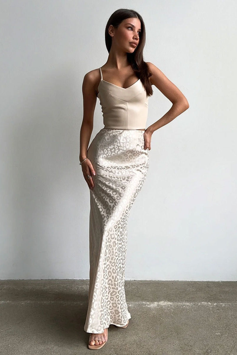 Leopard Jacquard Satin High Waist Bodycon Maxi Skirt