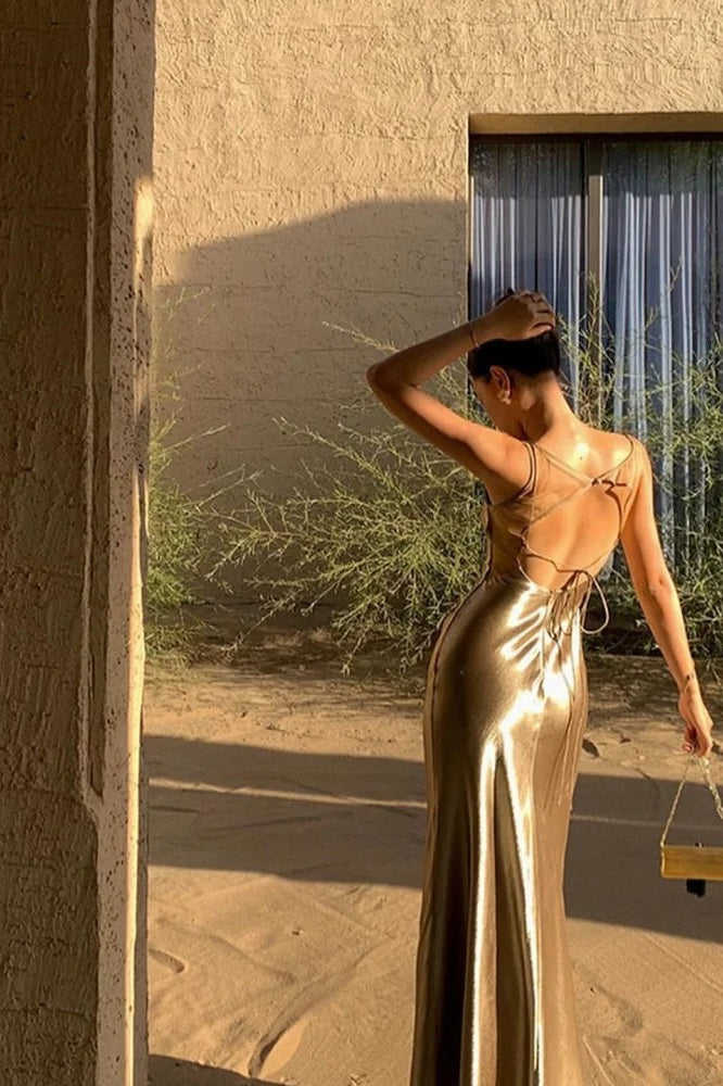 Satin Spaghetti Strap Backless Prom Maxi Dress - View 2