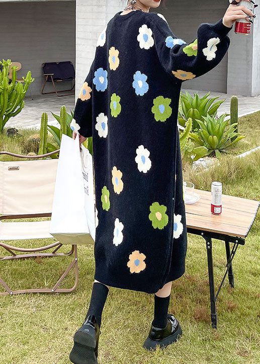 Knit Floral Print Oversized Crew Neck Long Sleeve Maxi Sweater Dress