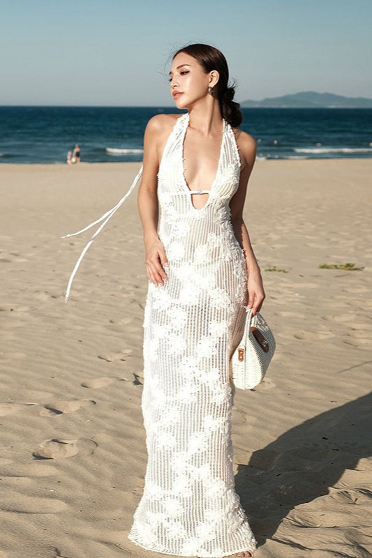 Sequin Halter Neck Deep V-Neck Keyhole Backless Maxi Dress