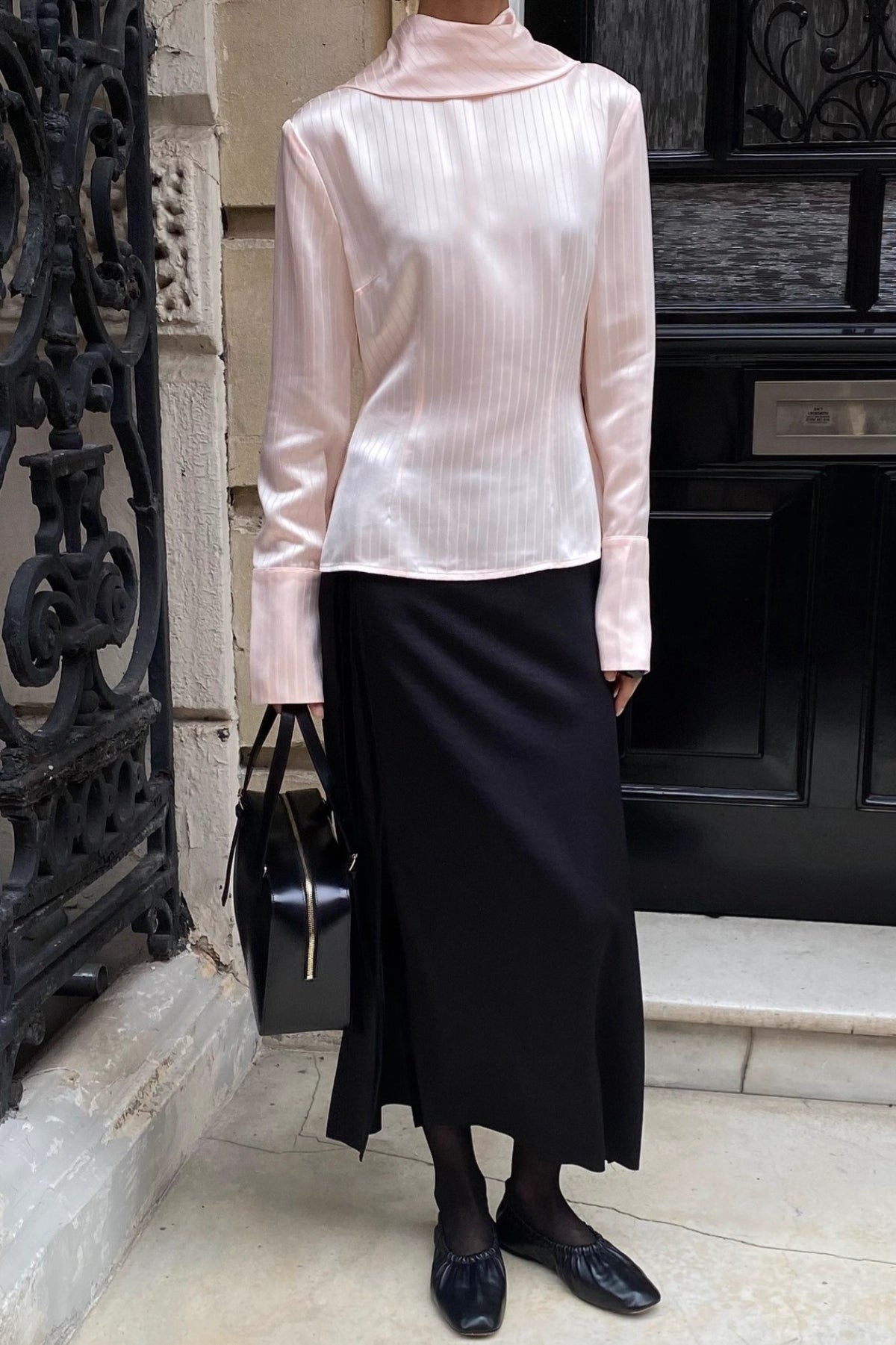 Satin Pinstripe Scarf Tie Neck Long Sleeve Blouse 2