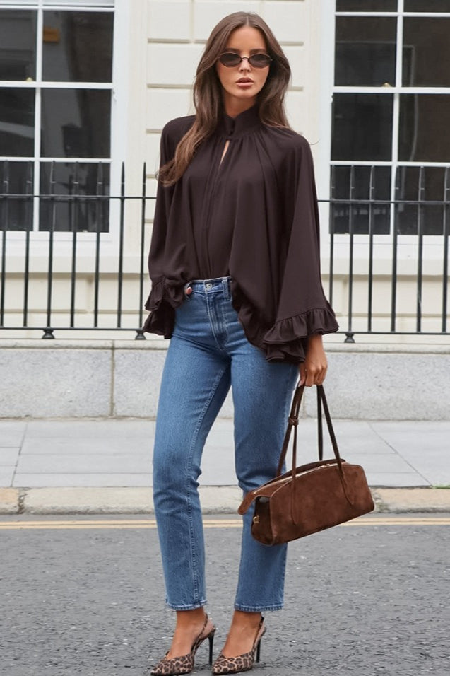 Stand Collar Keyhole Ruffle Cuff Long Sleeve Oversized Blouse 3