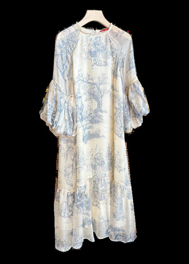 Toile Print Pearl Trim Crew Neck Balloon Sleeve Tiered Ruffle Chiffon Midi Dress