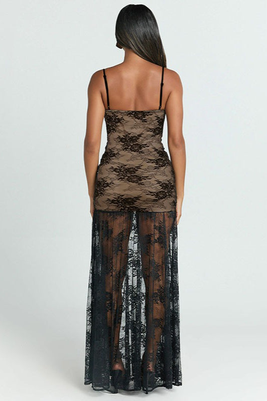 Sheer Ruched Split Cami Maxi Lace Dress 5