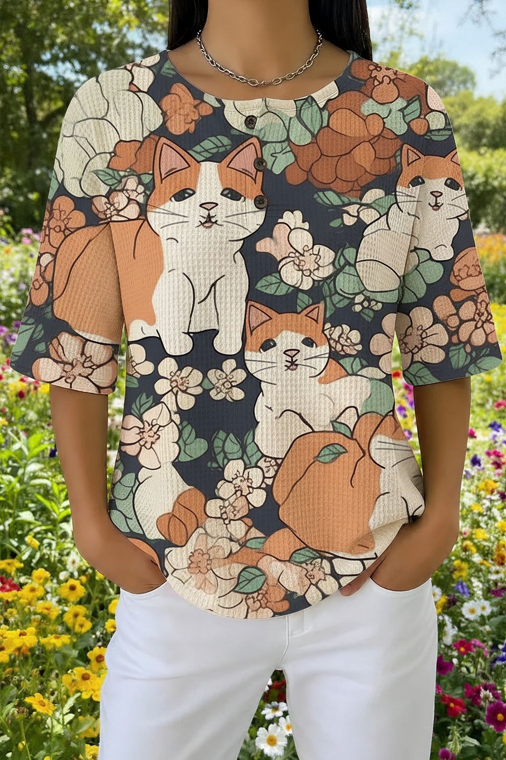 Kitten and Floral Print Short Sleeve Knit Top
